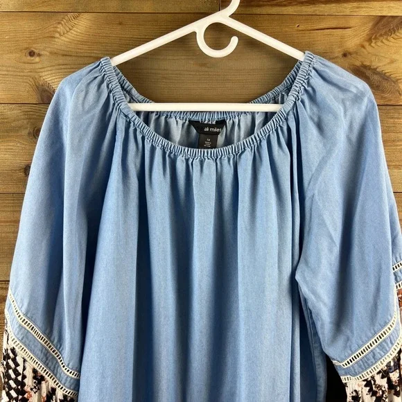Ali Miles Womens Shirt 3/4 Sleeve Chambray Western Boho Artsy Tencel Size 1X - Picture 2 of 8